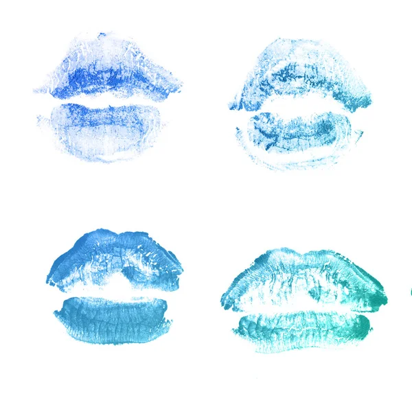 Vrouwelijke lippen lipstick kiss print set voor Valentijn dag geïsoleerd op wit. Turquoise blauwe kleur — Stockfoto