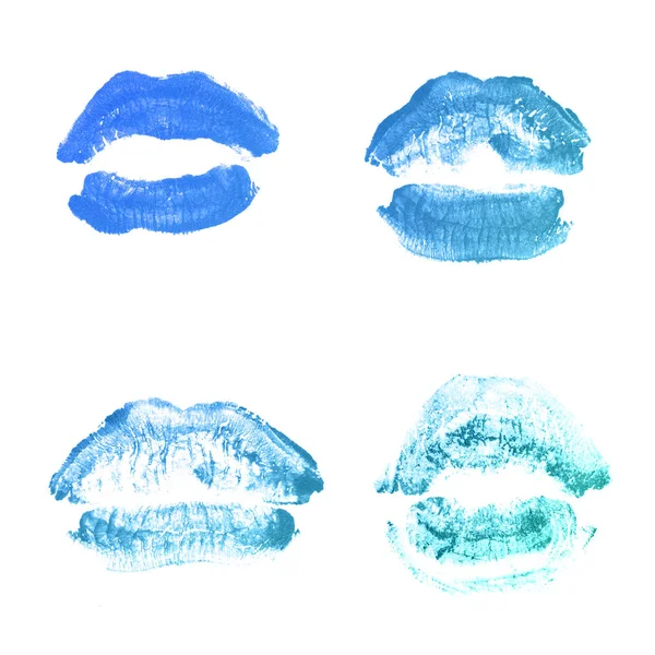 Labios femeninos beso lápiz labial conjunto de impresión para el día de San Valentín aislado en blanco. Color azul turquesa —  Fotos de Stock