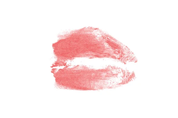 Marca de beso de lápiz labial sobre fondo blanco. Hermosos labios aislados. Color rojo — Foto de Stock