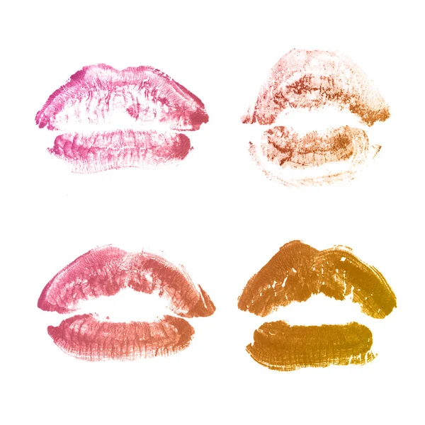Female lips lipstick kiss print set for valentine day isolated on white. Bronze color — Stock Photo, Image