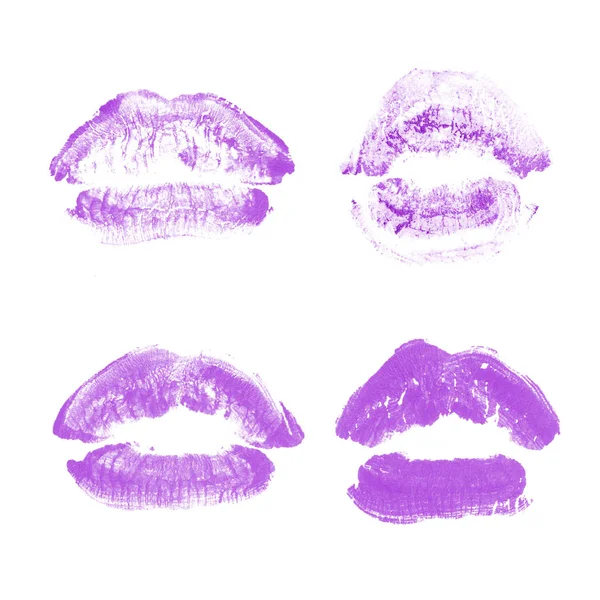 Labios femeninos beso lápiz labial conjunto de impresión para el día de San Valentín aislado en blanco. Color púrpura —  Fotos de Stock
