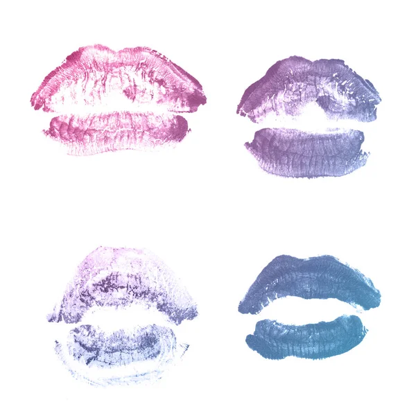 Vrouwelijke lippen lipstick kiss print set voor Valentijn dag geïsoleerd op wit. Violet blauwe kleur — Stockfoto