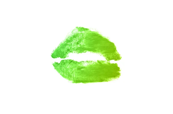 Segno di bacio rossetto su sfondo bianco. Belle labbra isolate. Colore giallo verde — Foto Stock