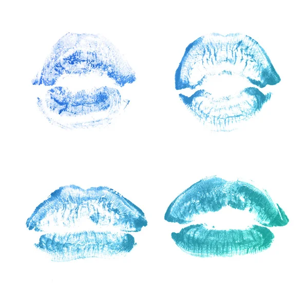 Labios femeninos beso lápiz labial conjunto de impresión para el día de San Valentín aislado en blanco. Color azul turquesa —  Fotos de Stock