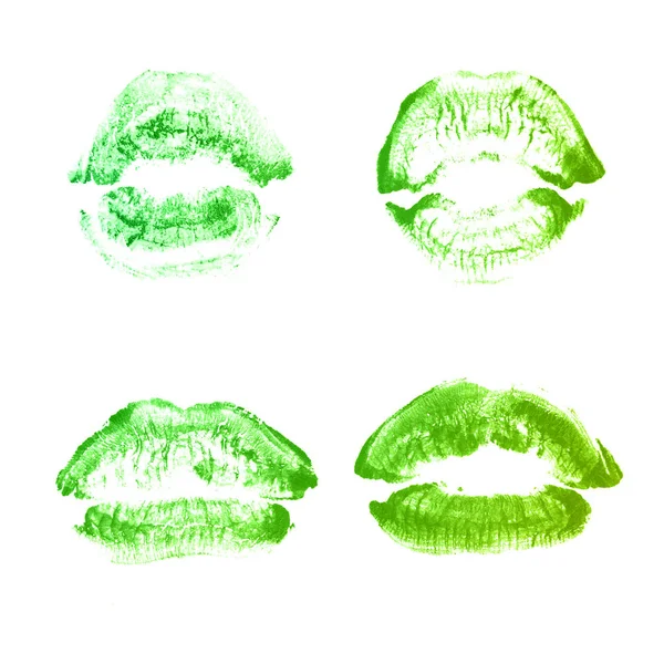 Női ajkak rúzs csók nyomtatni beállított Valentin nap izolált fehér. Zöldsárga szín — Stock Fotó