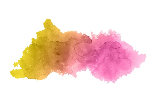 Abstrakt akvarell bakgrundsbild med en flytande splatter av akvarellfärg, isolerad på vitt. Rosa och gula toner — Stockfoto