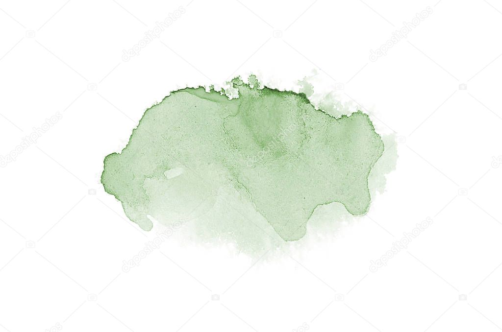 Abstract watercolor background image with a liquid splatter of aquarelle paint, isolated on white. Dark green tones