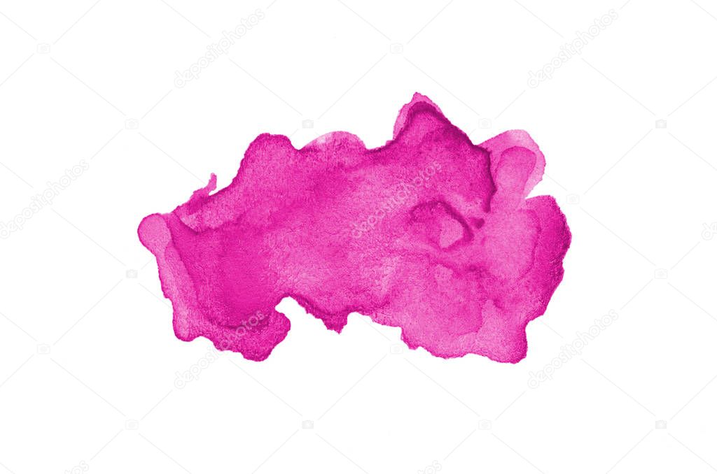 Abstract watercolor background image with a liquid splatter of aquarelle paint, isolated on white. Pink tones