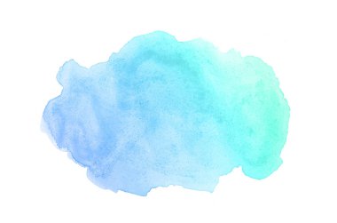 Beyaz üzerine izole edilmiş, sıvı bir kova boyası ile soyut suluboya arka plan görüntüsü. Mavi ve turkuaz pastel tonları