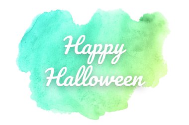 Kova boyası sıvı bir sıçrama ile soyut suluboya arka plan görüntüsü. Yeşil ve sarı pastel tonları. Cadılar Bayramınız Kutlu Olsun