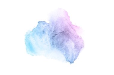 Beyaz üzerine izole edilmiş, sıvı bir kova boyası ile soyut suluboya arka plan görüntüsü. Pembe ve mavi pastel tonları