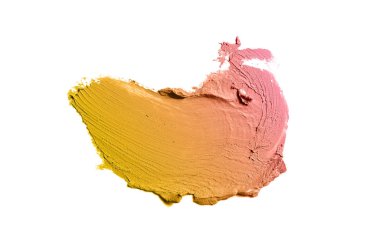 Smear ve ruj veya akrilik boya beyaz arka plan üzerinde izole doku. Lipgloss veya sıvı oje leke örneği inme. Güzellik kozmetik tasarım için eleman. Bronz renk