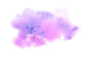 Beyaz üzerine izole edilmiş, sıvı bir kova boyası ile soyut suluboya arka plan görüntüsü. Mor tonları