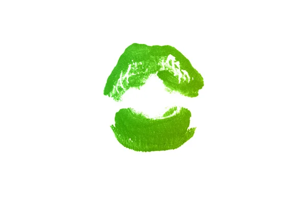 Marca de beso de lápiz labial sobre fondo blanco. Hermosos labios aislados. Color amarillo verde —  Fotos de Stock
