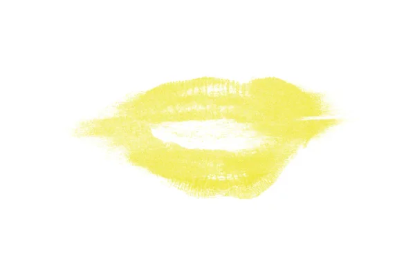 Marca de beso de lápiz labial sobre fondo blanco. Hermosos labios aislados. Color amarillo —  Fotos de Stock