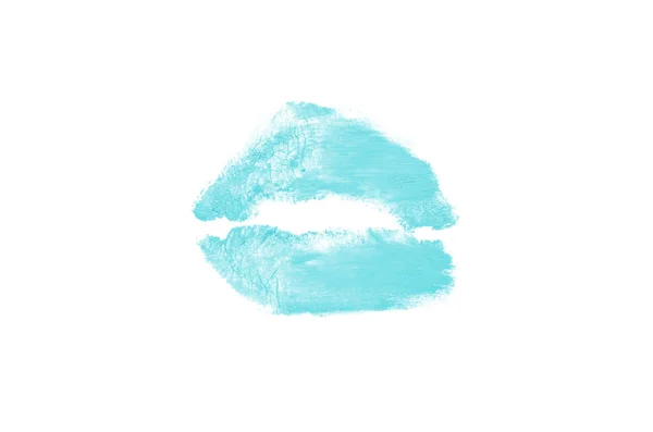 Segno di bacio rossetto su sfondo bianco. Belle labbra isolate. Colore azzurro — Foto Stock