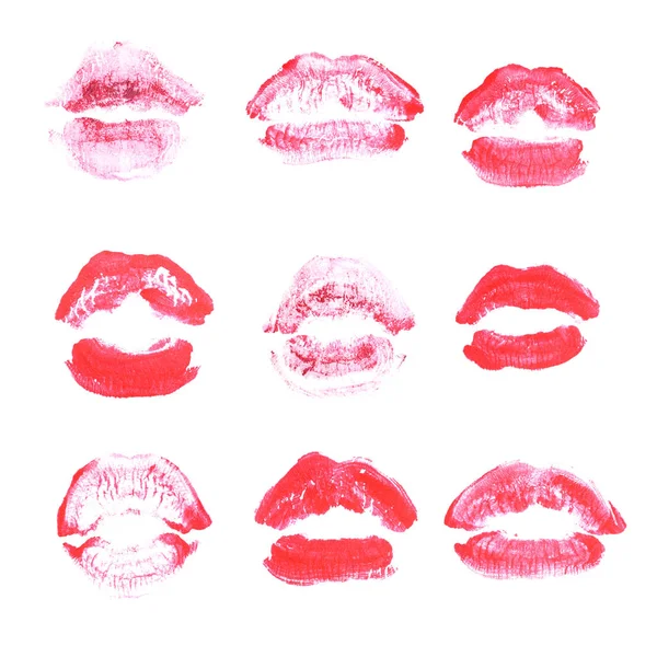 Labios femeninos beso lápiz labial conjunto de impresión para el día de San Valentín aislado en blanco. Color magenta — Foto de Stock