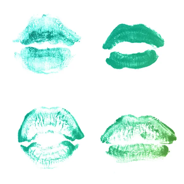 Labios femeninos beso lápiz labial conjunto de impresión para el día de San Valentín aislado en blanco. Color esmeralda —  Fotos de Stock