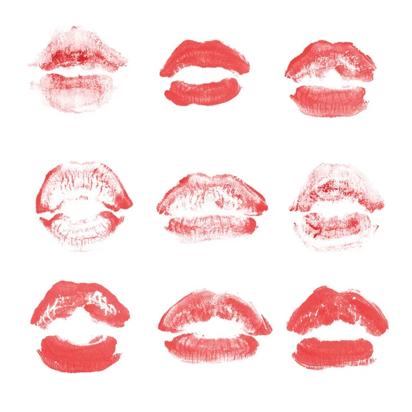 여성 입술 립스틱 키스 인쇄 흰색에 고립 된 발렌타인 데이를위한 설정. 레드 컬러 — 스톡 사진