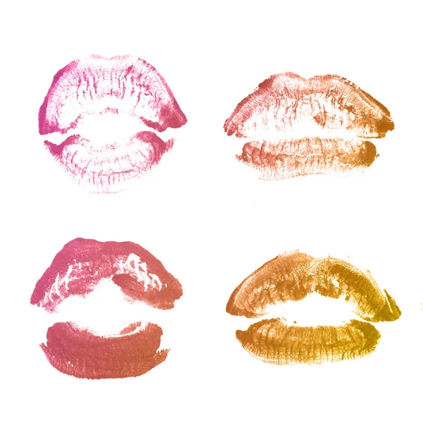 Vrouwelijke lippen lipstick kiss print set voor Valentijn dag geïsoleerd op wit. Bronzen kleur — Stockfoto