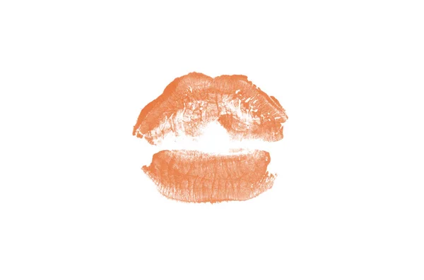 Marca de beijo de batom no fundo branco. Lábios lindos isolados. Cor laranja — Fotografia de Stock
