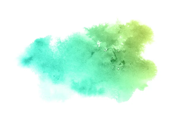 Beyaz üzerine izole edilmiş, sıvı bir kova boyası ile soyut suluboya arka plan görüntüsü. Yeşil ve sarı pastel tonları — Stok fotoğraf