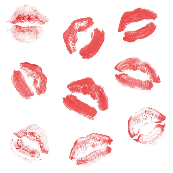 Rossetto labbra femminili set stampa bacio per San Valentino isolato su bianco. Colore rosso — Foto Stock