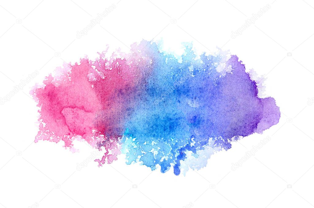 Abstract watercolor background image with a liquid splatter of aquarelle paint, isolated on white. Cold tones