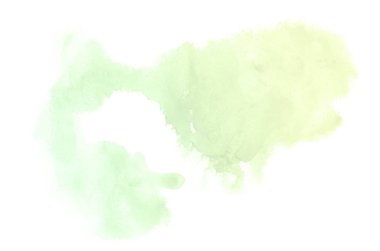 Beyaz üzerine izole edilmiş, sıvı bir kova boyası ile soyut suluboya arka plan görüntüsü. Yeşil ve sarı pastel tonları