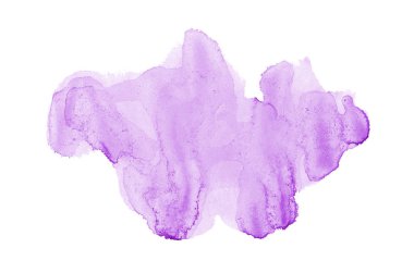 Beyaz üzerine izole edilmiş, sıvı bir kova boyası ile soyut suluboya arka plan görüntüsü. Mor tonları
