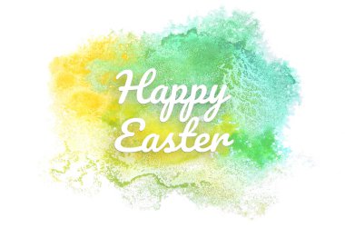 Kova boyası sıvı bir sıçrama ile soyut suluboya arka plan görüntüsü. Yeşil ve sarı pastel tonları. Mutlu paskalya