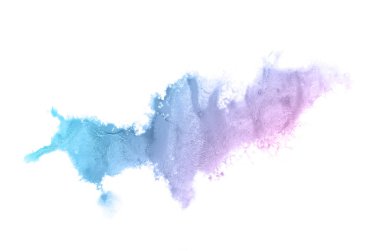 Beyaz üzerine izole edilmiş, sıvı bir kova boyası ile soyut suluboya arka plan görüntüsü. Pembe ve mavi pastel tonları