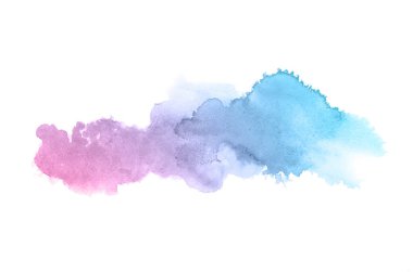 Beyaz üzerine izole edilmiş, sıvı bir kova boyası ile soyut suluboya arka plan görüntüsü. Pembe ve mavi pastel tonları