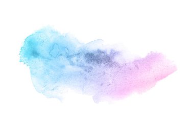 Beyaz üzerine izole edilmiş, sıvı bir kova boyası ile soyut suluboya arka plan görüntüsü. Pembe ve mavi pastel tonları