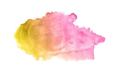 Beyaz üzerine izole edilmiş, sıvı bir kova boyası ile soyut suluboya arka plan görüntüsü. Pembe ve sarı tonları