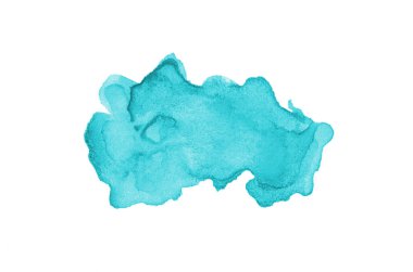 Beyaz üzerine izole edilmiş, sıvı bir kova boyası ile soyut suluboya arka plan görüntüsü. Açık mavi tonları