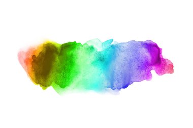 Beyaz üzerine izole edilmiş, sıvı bir kova boyası ile soyut suluboya arka plan görüntüsü. Gökkuşağı tonları