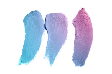 Smear ve ruj veya akrilik boya beyaz arka plan üzerinde izole doku. Lipgloss veya sıvı oje leke örneği inme. Güzellik kozmetik tasarım için eleman. Mor mavi renk