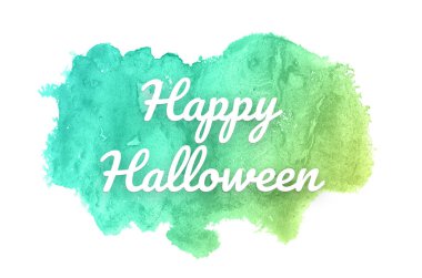 Kova boyası sıvı bir sıçrama ile soyut suluboya arka plan görüntüsü. Yeşil ve sarı pastel tonları. Cadılar Bayramınız Kutlu Olsun