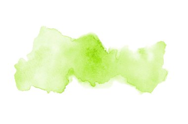 Beyaz üzerine izole edilmiş, sıvı bir kova boyası ile soyut suluboya arka plan görüntüsü. Açık yeşil tonları