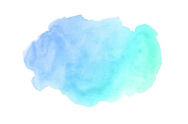 Beyaz üzerine izole edilmiş, sıvı bir kova boyası ile soyut suluboya arka plan görüntüsü. Mavi ve turkuaz pastel tonları