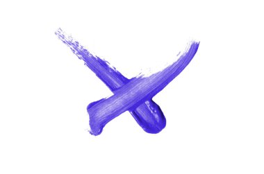 Beyaz bir arka plan üzerinde izole bir onay işareti şeklinde parlak sıvı ruj smear. Kozmetik ürün inme. Evet onay kutusu için işaretleyin. Mor renk