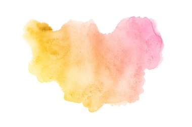 Beyaz üzerine izole edilmiş, sıvı bir kova boyası ile soyut suluboya arka plan görüntüsü. Pembe ve sarı tonları