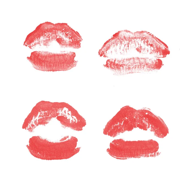 Rossetto labbra femminili set stampa bacio per San Valentino isolato su bianco. Colore rosso — Foto Stock