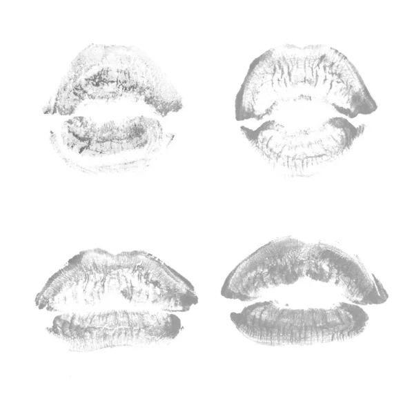 Γυναικεία χείλη κραγιόν φιλί σετ εκτύπωσης για την ημέρα του Αγίου Βαλεντίνου απομονωθεί σε λευκό. Γκρι χρώμα — Φωτογραφία Αρχείου