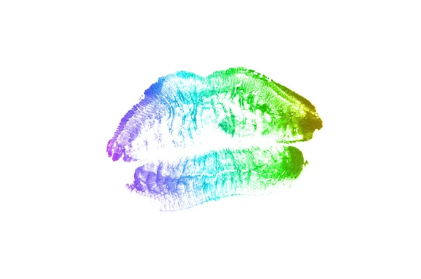 Marca de beso de lápiz labial sobre fondo blanco. Hermosos labios aislados. Color del arco iris —  Fotos de Stock