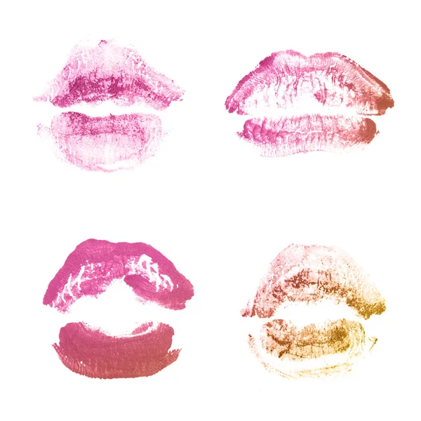 Labios femeninos beso lápiz labial conjunto de impresión para el día de San Valentín aislado en blanco. Color bronce —  Fotos de Stock