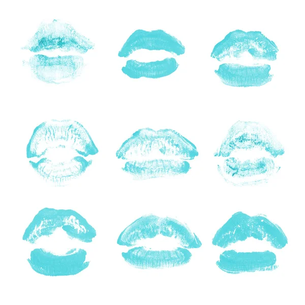 Kobiece usta szminka Kiss Print zestaw na Walentynki na białym tle. Jasnoniebieski kolor — Zdjęcie stockowe