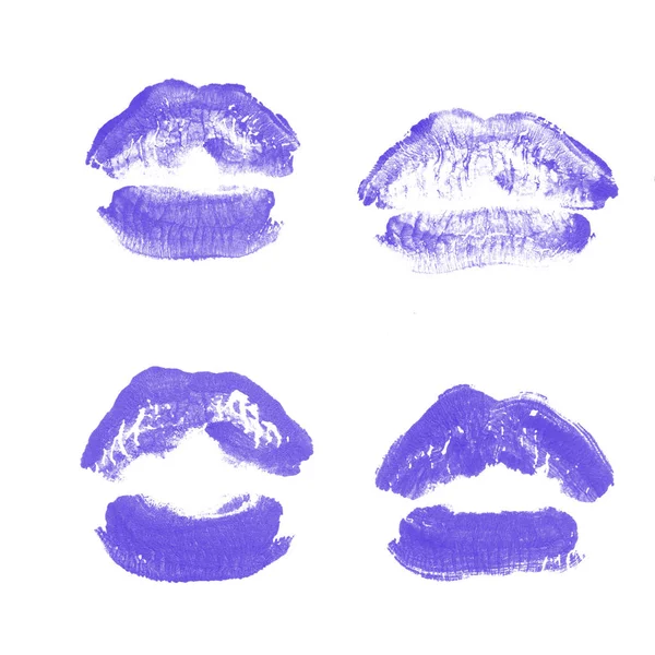 Kvinnliga läppar läppstift Kiss Print set för alla hjärtans dag isolerad på vitt. Violett färg — Stockfoto