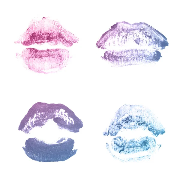 Labios femeninos beso lápiz labial conjunto de impresión para el día de San Valentín aislado en blanco. Color azul violeta — Foto de Stock